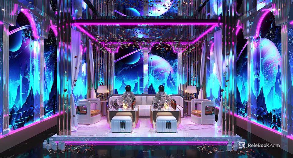 Luxurious KTV Interior With Purple Blue Lighting Comfortable Sofas Starry Sky Background And Wine Glasses 3d model 