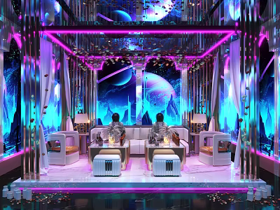 Luxurious KTV Interior With Purple Blue Lighting Comfortable Sofas Starry Sky Background And Wine Glasses 3d model
