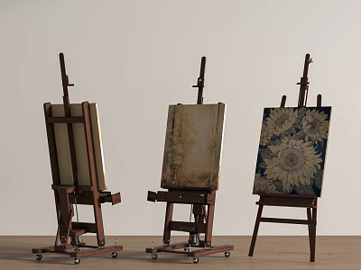 Professional Art Supplies with Wooden Easels Drawing Boards and Sunflower Painting for Creative Studio Use 3d model
