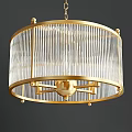 Elegant Two Modern Chandeliers With Transparent Glass And Gold Metal Vertical Ribbed Design