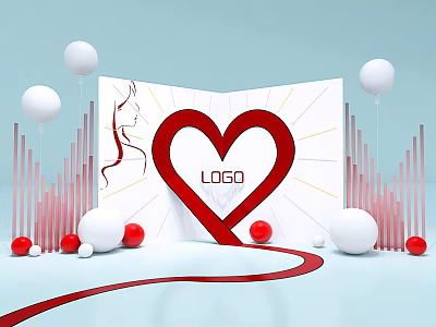 3D Text Design With Red Heart Logo White Red Balloons And Curved Decorations 3d model