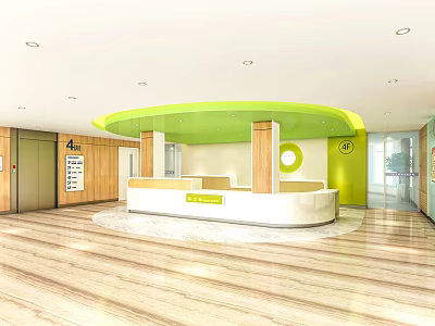 Modern Reception Area With Green Ceiling Curved White Counter And Wooden Floor 3d model