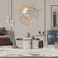 Modern Interior With Brown And Blue Leisure Chairs Marble Coffee Table Chandelier And Decorative Painting