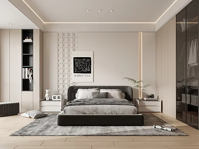 Modern Bedroom Interior Design With Black Headboard Bed White Nightstands And Glass Wardrobes 3d model