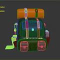 Green Outdoor Backpack With Orange Top Brown Straps Red Flag And Multiple Side Pockets 3d model