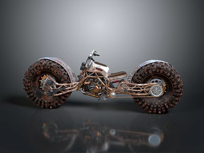 Custom Built Motorcycle With Oversized Treaded Tires And Exposed Metallic Frame Design 3d model