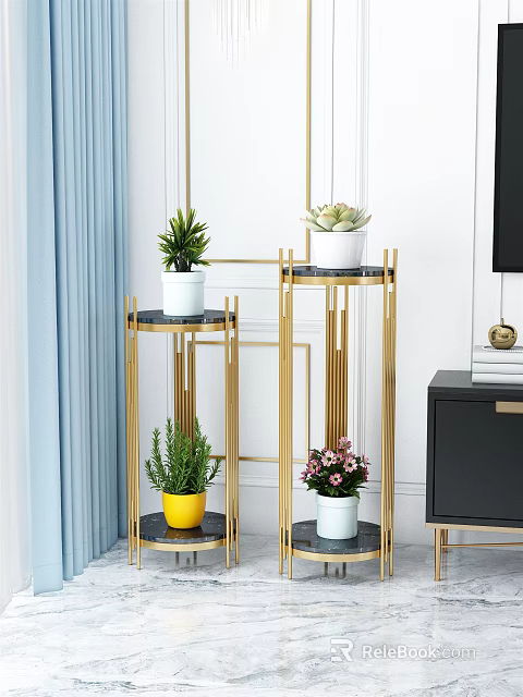 Elegant Gold Metal Plant Stand With Multi Tier Design Holding Green Plants Succulents And Flowers 3d model 