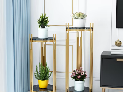 Elegant Gold Metal Plant Stand With Multi Tier Design Holding Green Plants Succulents And Flowers 3d model