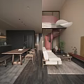 Modern Cozy Minimalist Living And Dining Room With Warm Wooden Furniture And Ample Natural Light