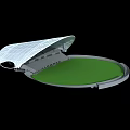 Circular Stadium Structure With Curved Roof And Green Playing Field