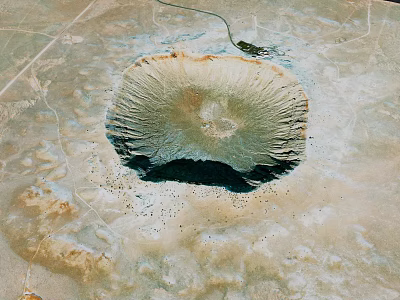 Aerial View Of Large Circular Meteor Crater In Desert Landscape With Central Depression And Surrounding Terrain 3d model