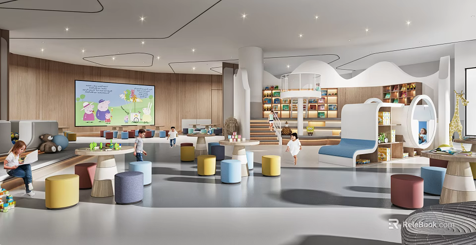 Modern Kindergarten Interior With Colorful Stools Bookshelves And Large Screen For Kids Activity 3d model 