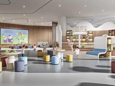 Modern Kindergarten Interior With Colorful Stools Bookshelves And Large Screen For Kids Activity 3d model