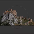 Detailed Ancient Castle Model on Rocky Hill with Grass and Stone Walls
