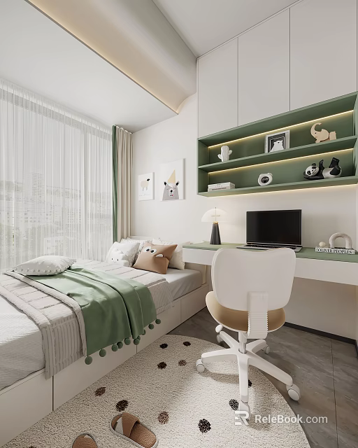 Cozy Kids Room Interior With Bed Green Blanket Desk Chair And Decorative Shelves 3d model 