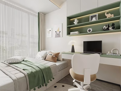 Cozy Kids Room Interior With Bed Green Blanket Desk Chair And Decorative Shelves 3d model