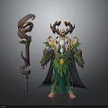 Antlered Nature Inspired Character With Snake Headed Staff And Leaf Adorned Attire