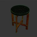 Modern Stool With Round Black Marble Top And Orange Crossed Wooden Legs