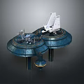 Two Blue Circular Platforms Featuring White Structures And Mechanical Equipment