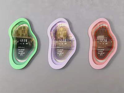 Colorful Irregular Shaped Clocks in Green Purple Pink with Time and Date 3d model