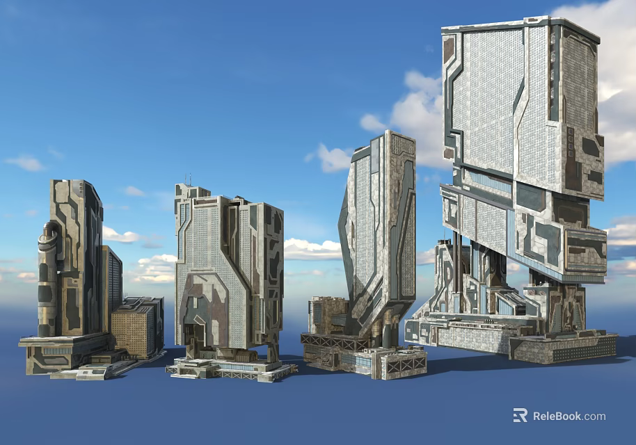 Futuristic Architectural Structures With Geometric Design And Metallic Finish Against Blue Sky 3d model 