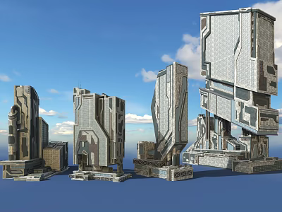 Futuristic Architectural Structures With Geometric Design And Metallic Finish Against Blue Sky 3d model