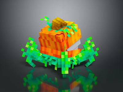 3D Pixel Art Pumpkin Creature with Orange Block Body Green Vines and Yellow Stem 3d model