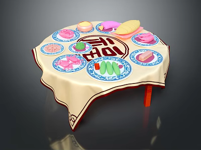 Traditional Chinese Food on Round Table with Decorative Tablecloth Colorful Dishes and Central Fortune Character 3d model