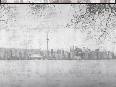 Gray White Toronto Skyline Art With CN Tower And Waterfront View 3d model