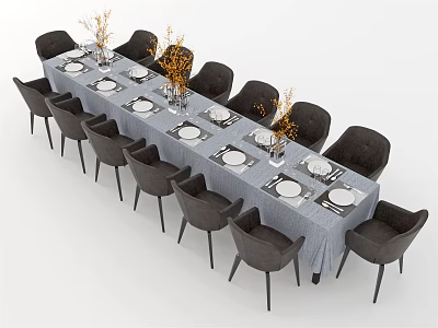 Modern Dining Table Set With Gray Tablecloth Black Chairs And Yellow Flower Bouquets 3d model