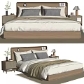 Modern Wooden Double Bed With Grey White Beige Bedding And Nightstands Table Lamps