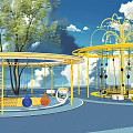 Circular Playground Equipment Featuring Yellow White Structures And Central Trees For Children