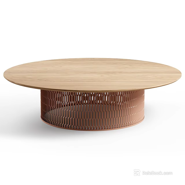 Modern Functional Table With Round Light Wood Tabletop And Perforated Metal Base 3d model 