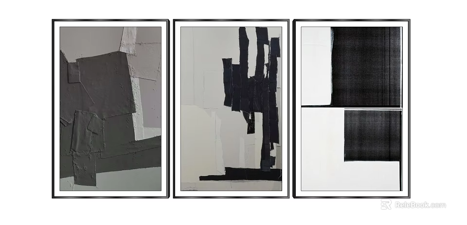 Three Piece Abstract Wall Art With Black White Gray Color Blocks And Geometric Shapes 3d model 