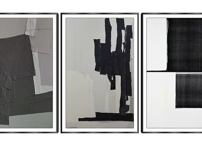 Three Piece Abstract Wall Art With Black White Gray Color Blocks And Geometric Shapes 3d model