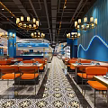 Modern Restaurant Interior Design With Ornate Ceiling Orange Seats And Patterned Floor Tiles 3d model