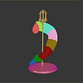 Golden Sculpture With Horse Head Trident And Curved Body On Circular Base