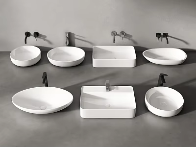Multiple White Washbasins in Various Shapes with Black Faucets on Grey Countertop 3d model