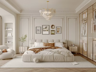 Elegant Modern Bedroom Interior With Bed Pillows Framed Artworks Chandelier And Wardrobe 3d model