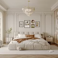 Elegant Modern Bedroom Interior With Bed Pillows Framed Artworks Chandelier And Wardrobe