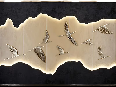 Elegant Modern Wall Decor With Crane Silhouettes And Illuminated Wavy Design 3d model