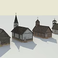 Antique European Style Wooden Church Buildings With Spires And Crosses