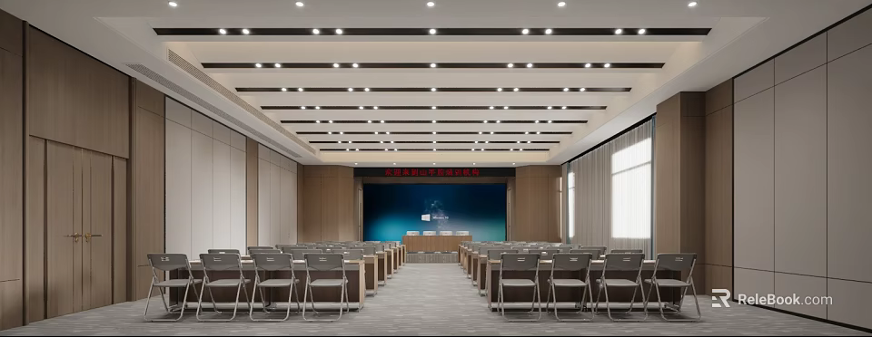 Spacious Conference Room Interior with Arranged Chairs Podium Large Screen and Modern Lighting 3d model 