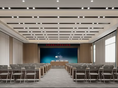 Spacious Conference Room Interior with Arranged Chairs Podium Large Screen and Modern Lighting 3d model