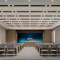 Spacious Conference Room Interior with Arranged Chairs Podium Large Screen and Modern Lighting