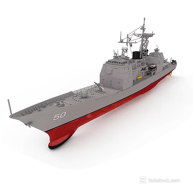 Red and Gray Warship Model Featuring Number 50 Upper Structure and Antennas 3d model 