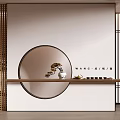 Oriental Entryway Design With Circular Wall Decoration Wooden Shelf Small Potted Pine And Lattice Screen