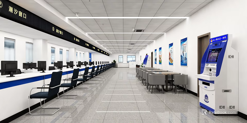 Modern Front Desk Reception Area With Waiting Chairs And Computer Workstations 3d model