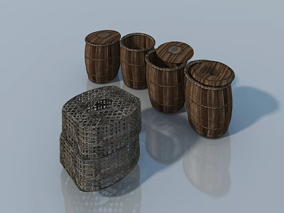 Swing Door Design With Wooden Barrels And Woven Basket Decorations 3d model
