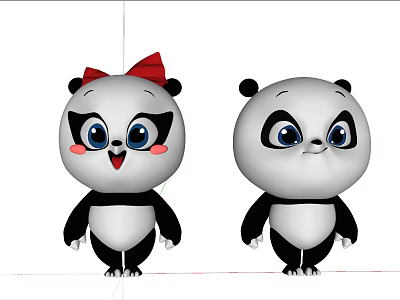 Cute Panda Dolls With Red Bow And Adorable Expressions Cartoon Design Stuffed Toys 3d model